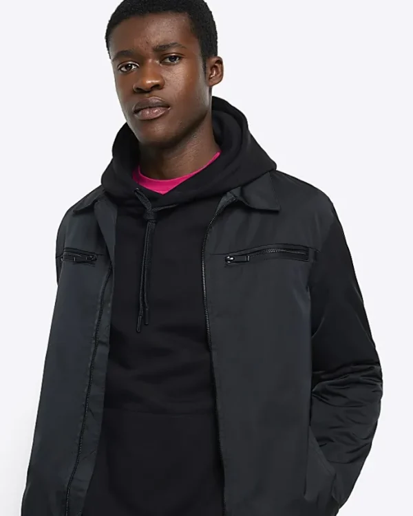 Black regular fit zip up tech shacket