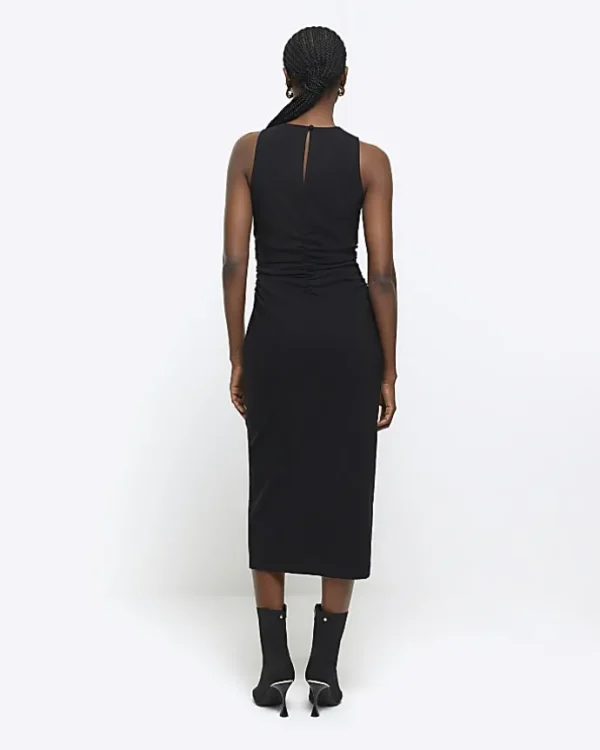 Black ruched split bodycon midi dress