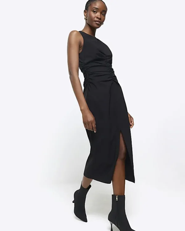 Black ruched split bodycon midi dress