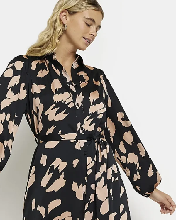 Black satin animal print midi shirt dress