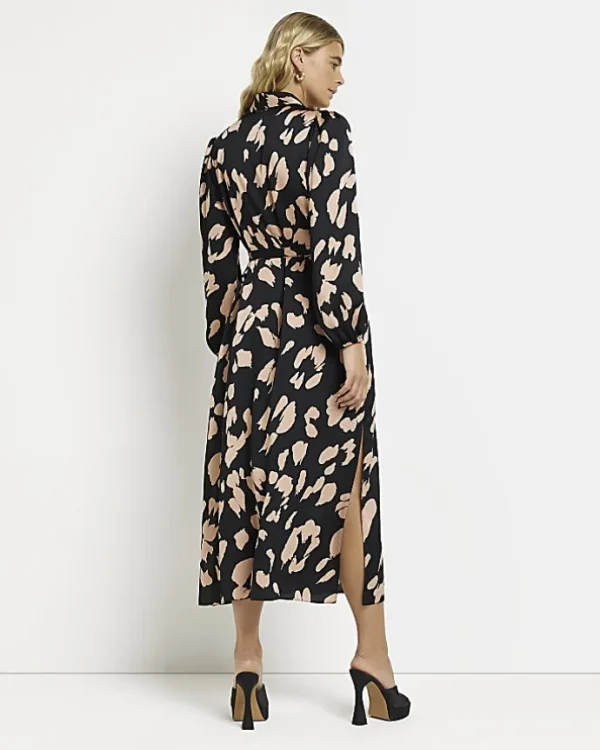 Black satin animal print midi shirt dress