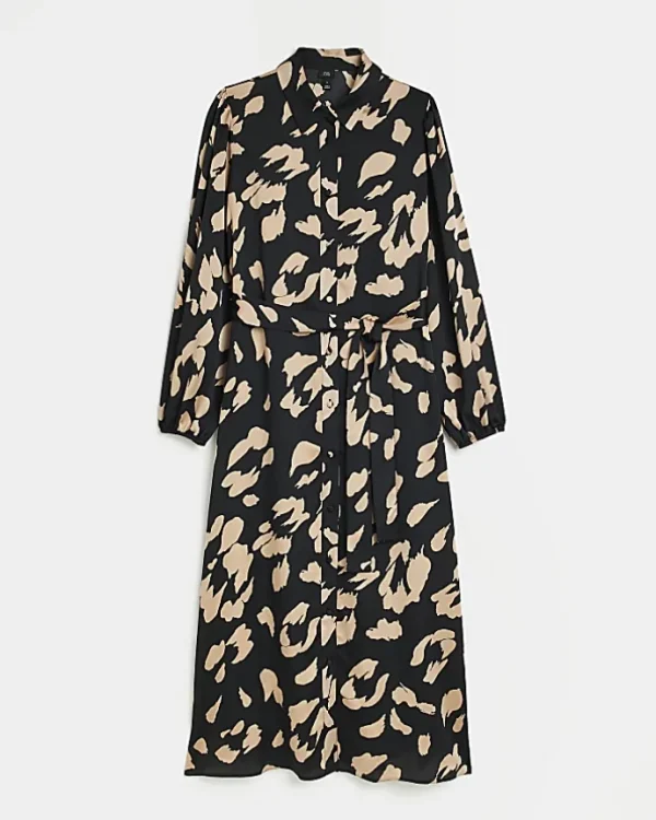 Black satin animal print midi shirt dress