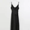 Black satin belted slip midi dress