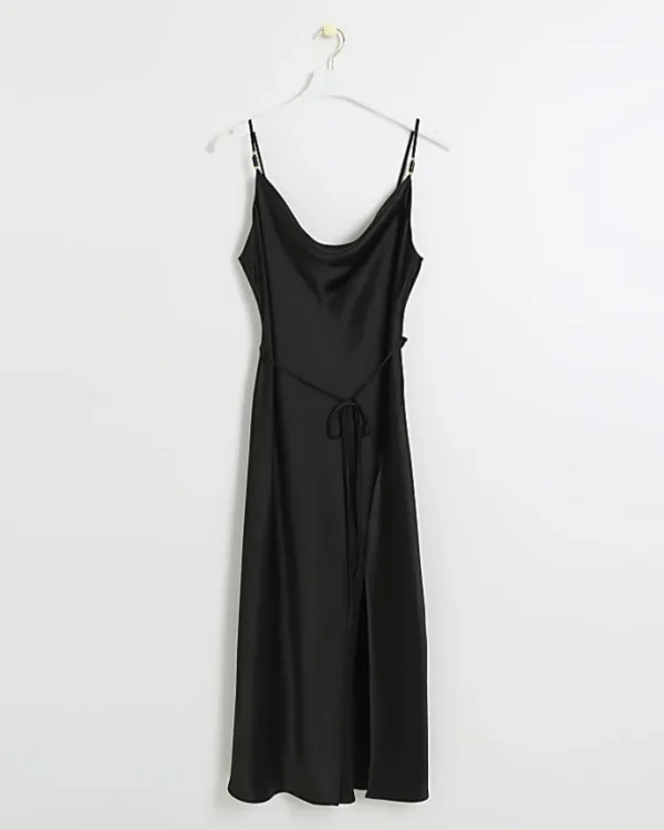 Black satin belted slip midi dress