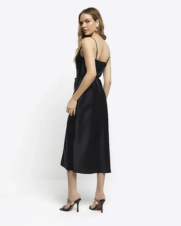 Black satin belted slip midi dress