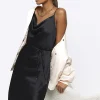 Black satin cowl neck slip midi dress