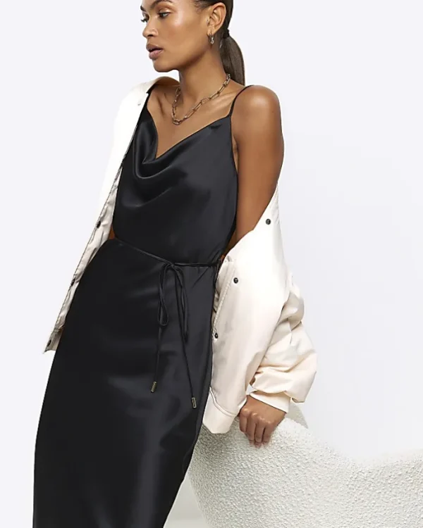 Black satin cowl neck slip midi dress