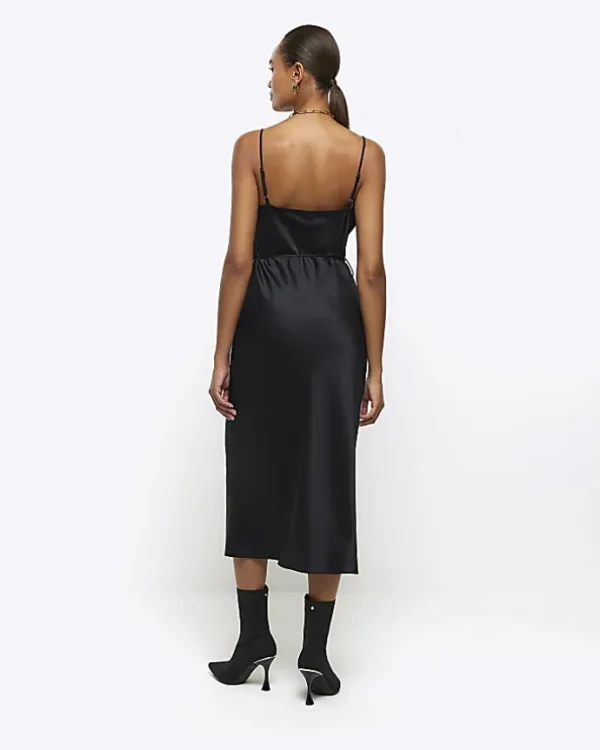 Black satin cowl neck slip midi dress