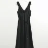 Black satin frill trim slip midi dress