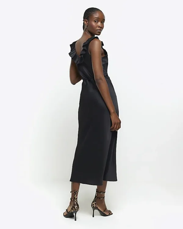 Black satin frill trim slip midi dress