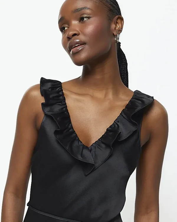 Black satin frill trim slip midi dress