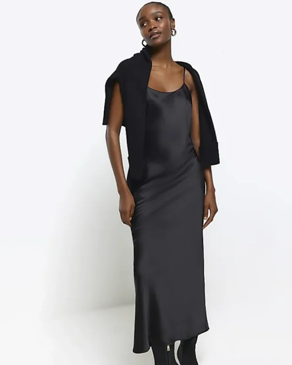 Black satin high neck hybrid maxi dress