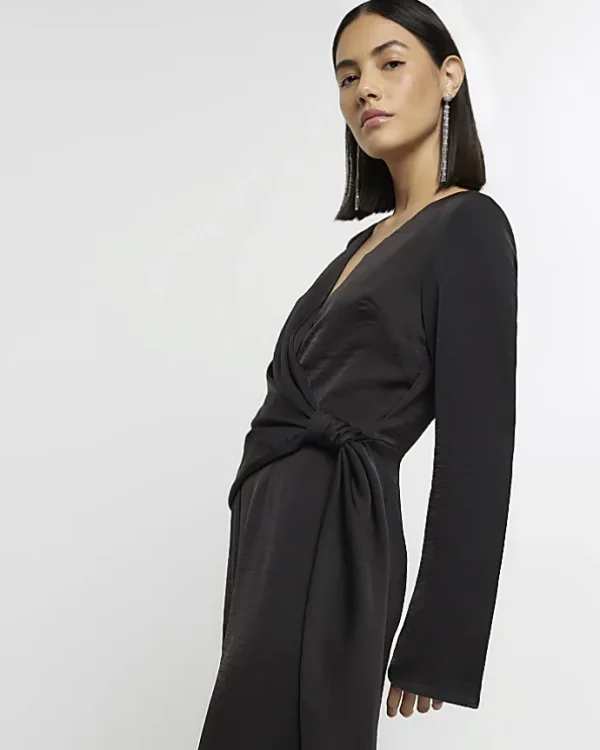 Black satin knot detail jumpsuit