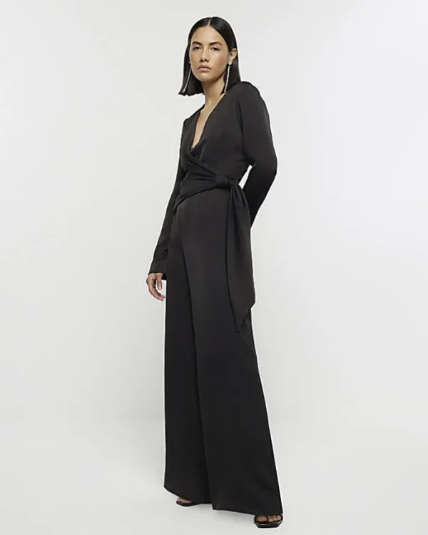 Black satin knot detail jumpsuit