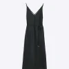 Black satin strap slip midi dress