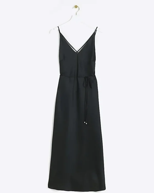 Black satin strap slip midi dress