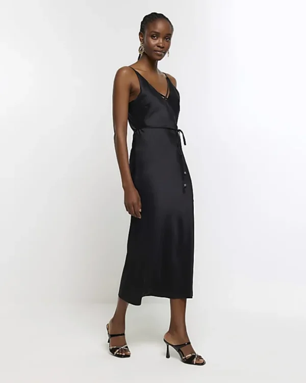 Black satin strap slip midi dress