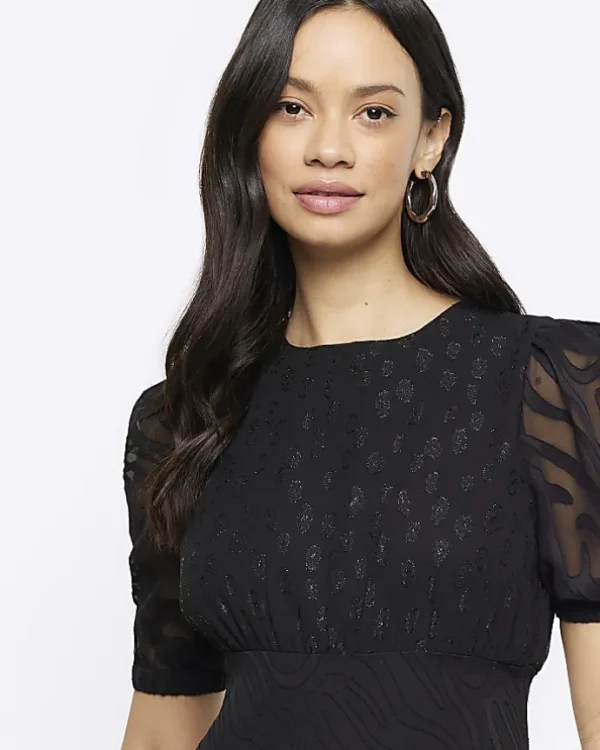 Black satin textured skater midi dress