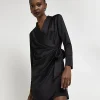 Black satin wrap mini blazer dress