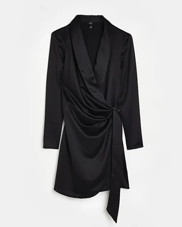 Black satin wrap mini blazer dress