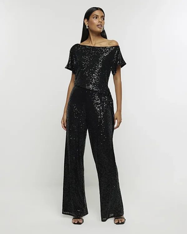 Black sequin tie side jumpsuit