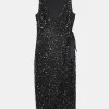 Black Sequin Wrap Midi Dress