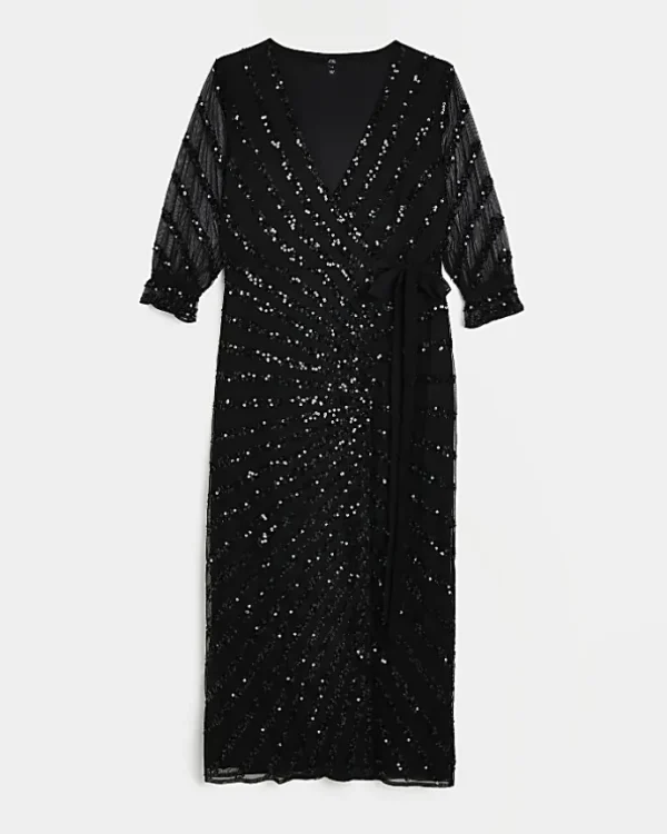 Black sequin wrap midi dress