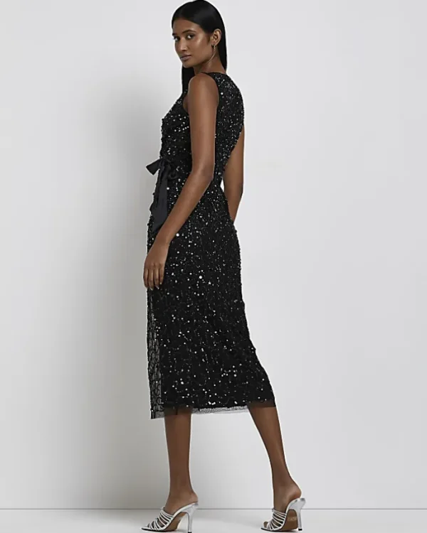 Black Sequin Wrap Midi Dress