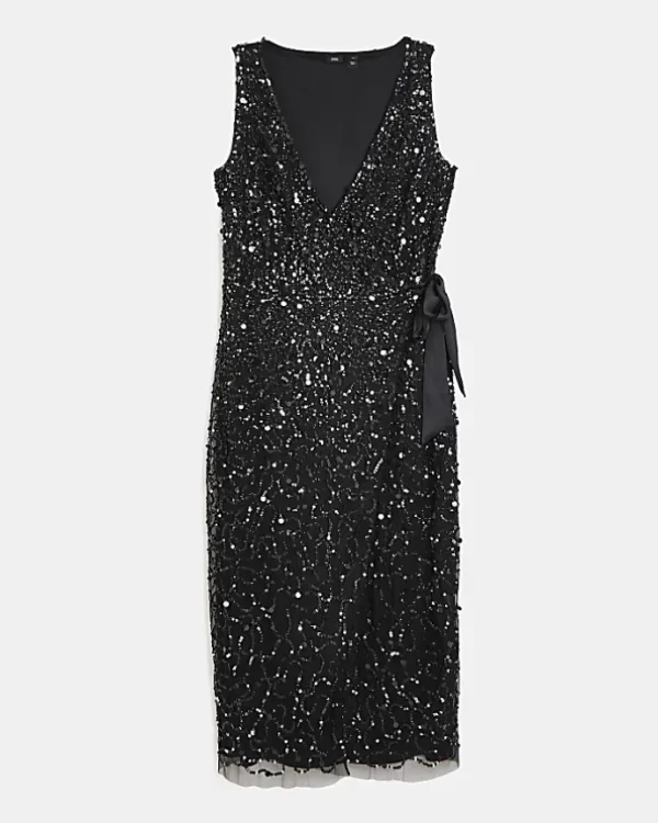 Black Sequin Wrap Midi Dress