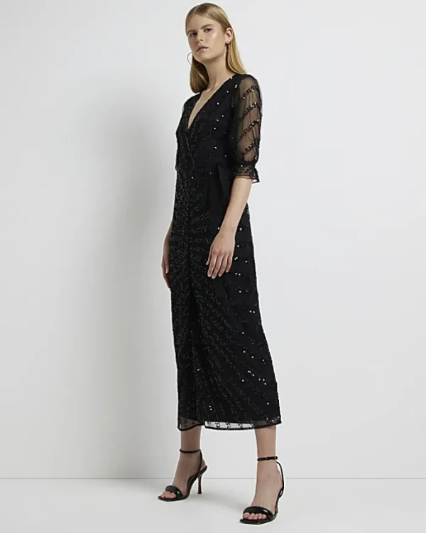 Black sequin wrap midi dress