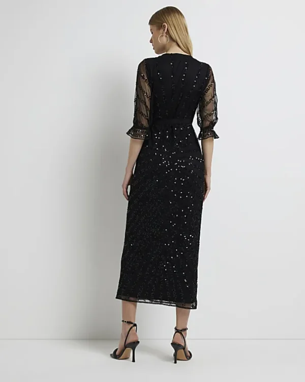 Black sequin wrap midi dress