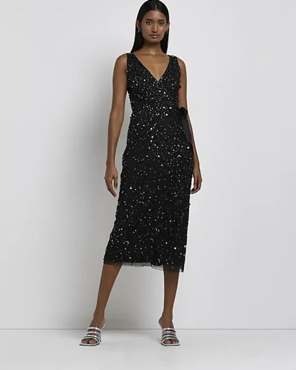 Black Sequin Wrap Midi Dress