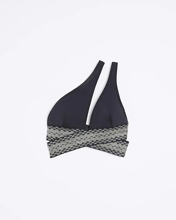Black shirred asymmetric bikini top