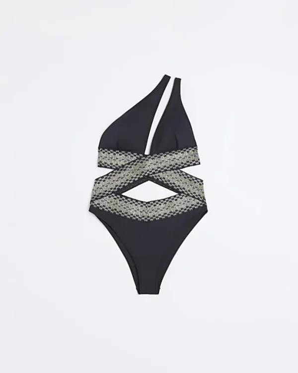 Black shirred asymmetric swimsuit