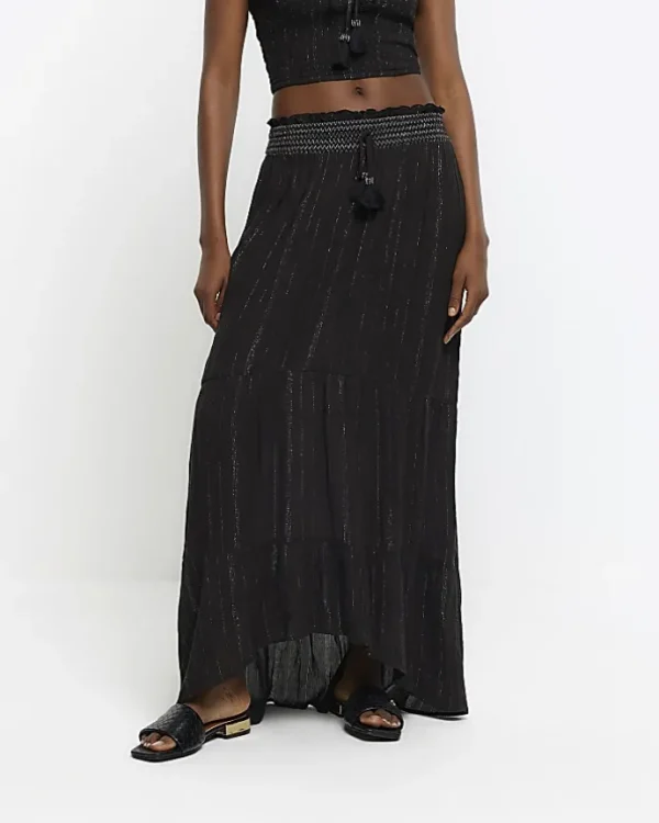 Black shirred glitter maxi skirt