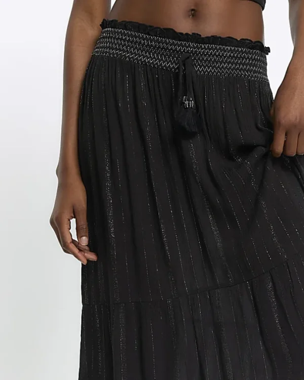 Black shirred glitter maxi skirt