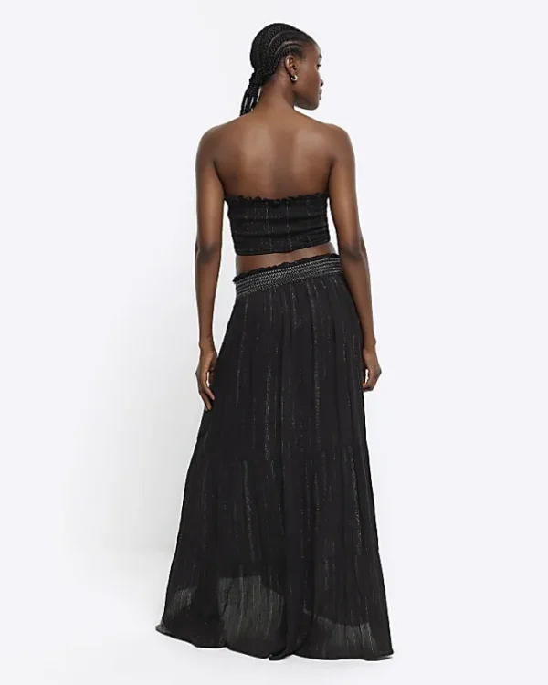 Black shirred glitter maxi skirt