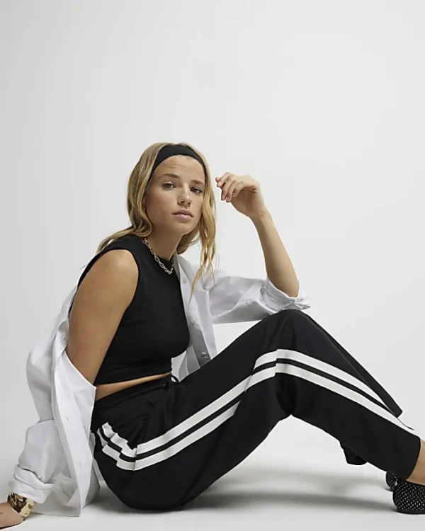 Black side stripe wide leg joggers