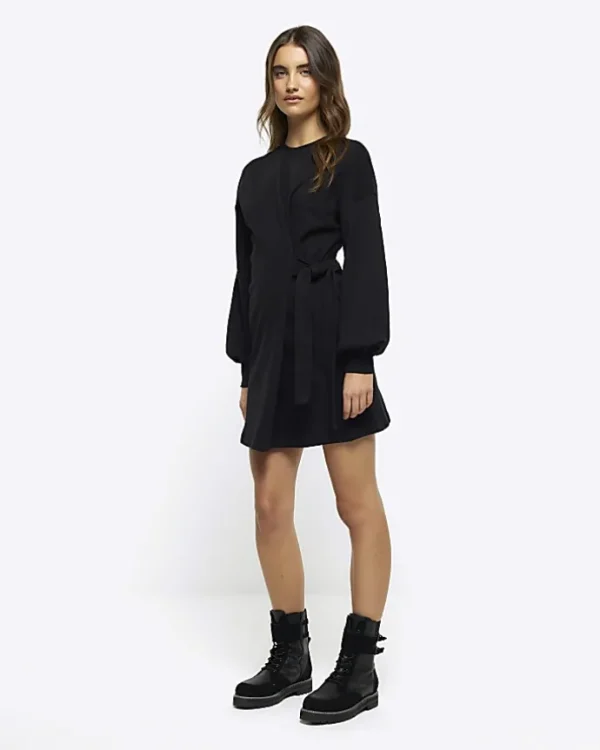 Black Side Tie Sweat Mini Dress