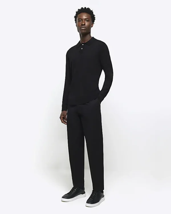 Black slim fit knitted long sleeve polo