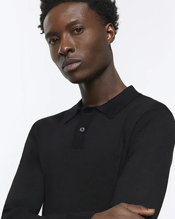 Black slim fit knitted long sleeve polo