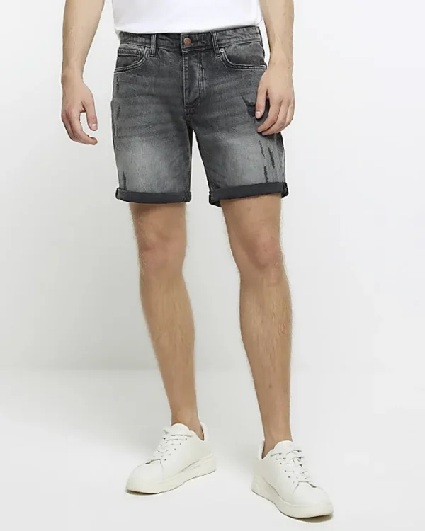 Black slim fit ripped denim shorts