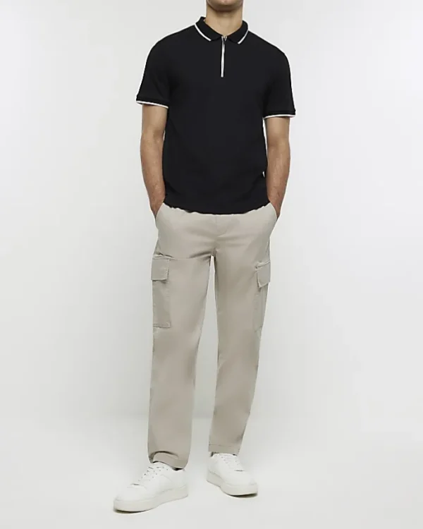 Black slim fit taped collar polo