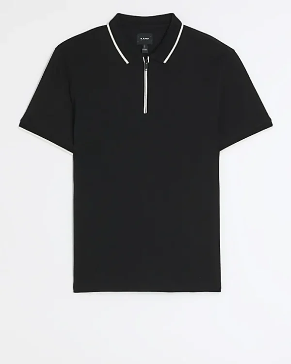 Black slim fit taped collar polo