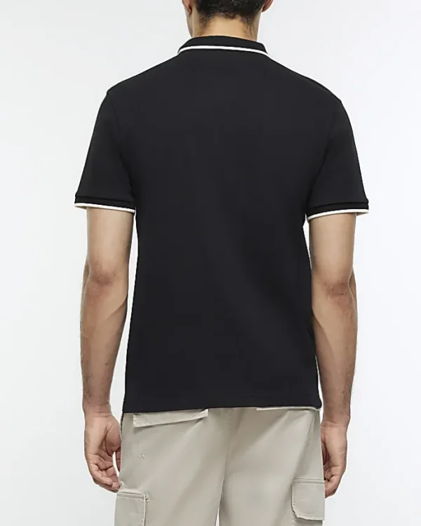 Black slim fit taped collar polo