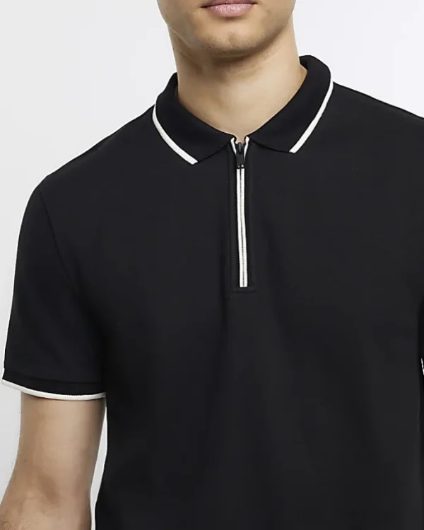 Black slim fit taped collar polo