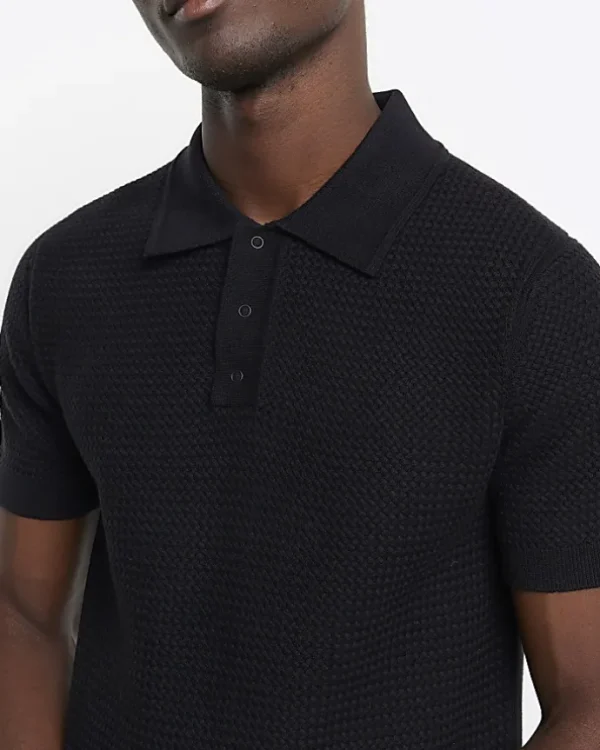 Black slim fit textured knitted polo shirt