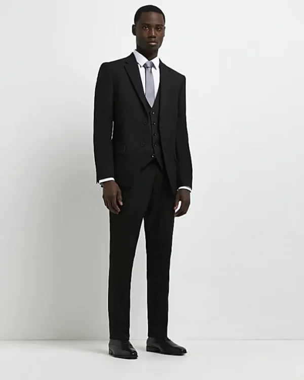 Black slim fit twill suit trousers