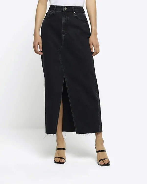 Black split front denim midi skirt