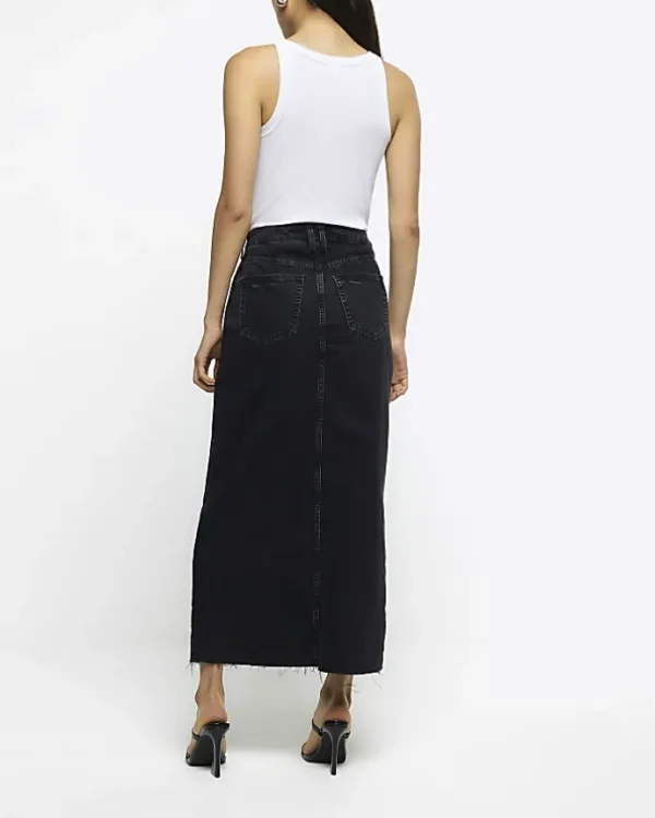 Black split front denim midi skirt